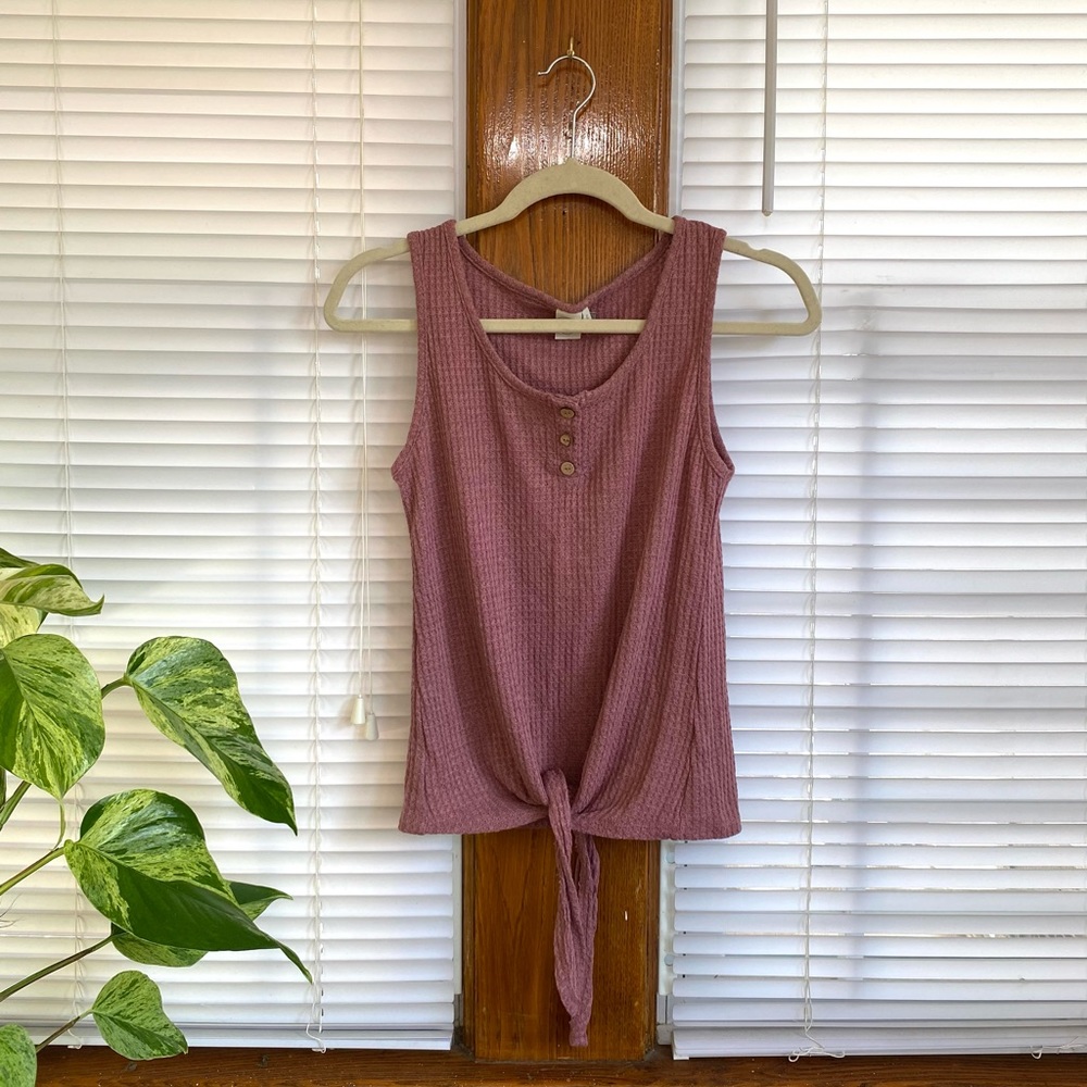 Paper Crane Women's Size Small Mauve Waffle Knit Crop Tank Top Tie Front
